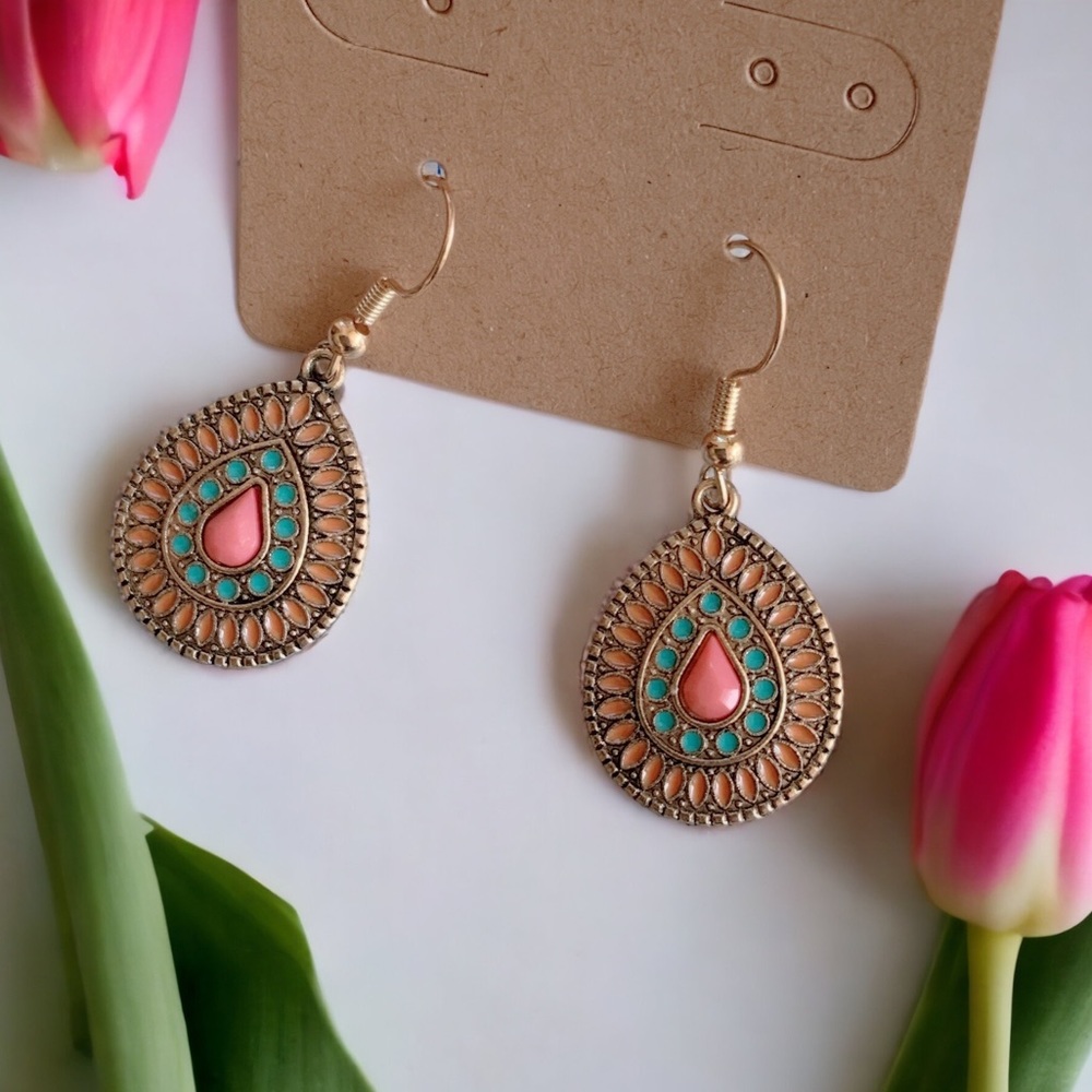 BOGO Teardrop Paisley Mandala Dangle Earrings Orange Pink Blue Enamel Goldtone